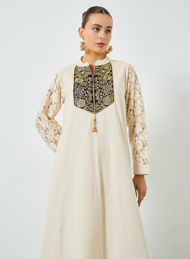 Maxim Creation Cream Cotton Embroidered A-Line Jalabiya - Image 1